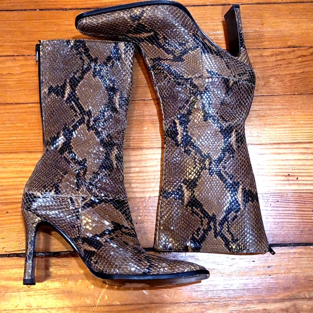 Charles David Brown Snake-Print Heeled Ankle Boots